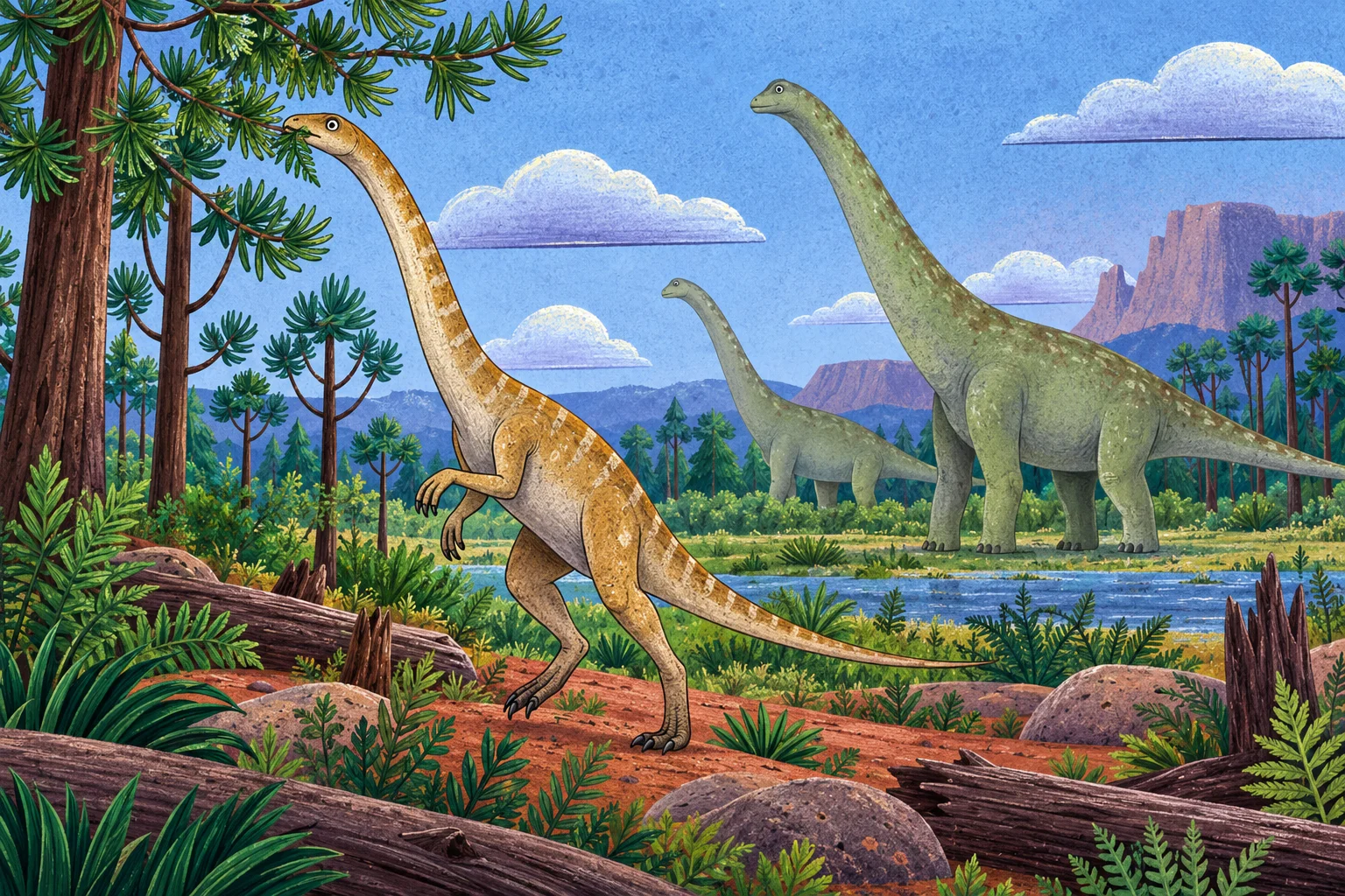 Macrocollum se natahuje po větvích, za ním stojí velcí sauropodi.