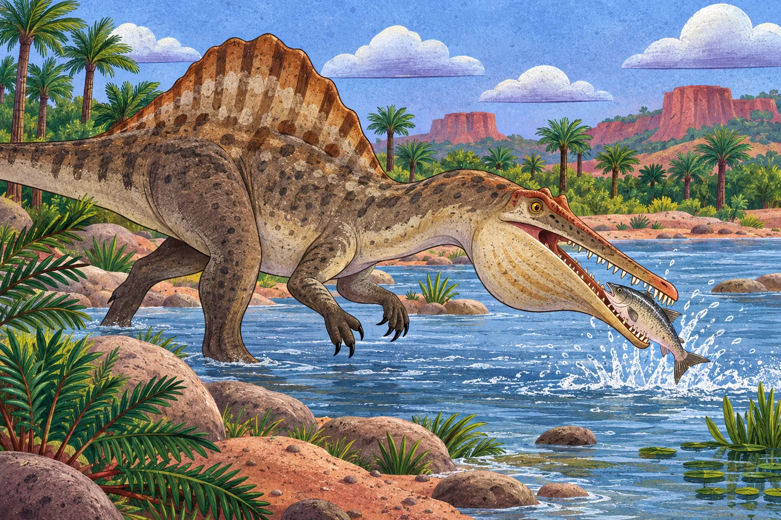 Irritator loví rybu dlouhou krokodýlovitou tlamou.