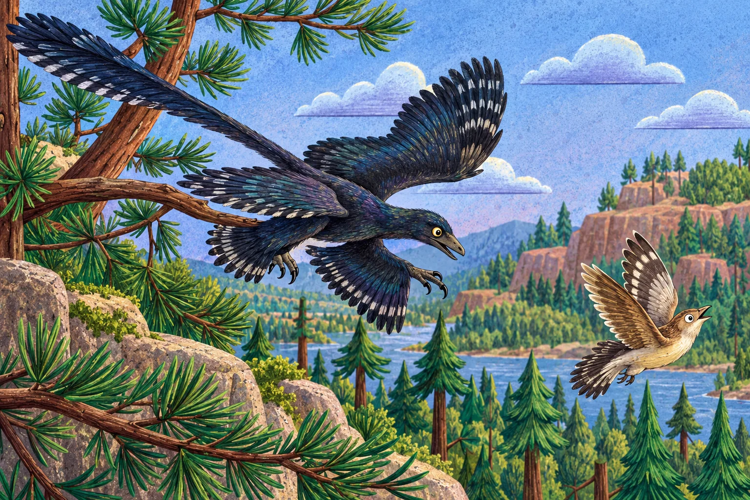 Čtyřkřídlý microraptor plachtí mezi stromy.