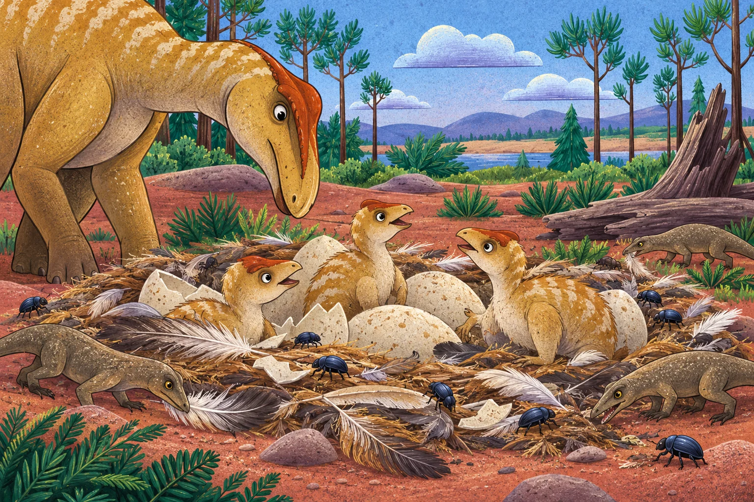 Dinosauří hnízdo s mláďaty, peřím a drobnými brouky.