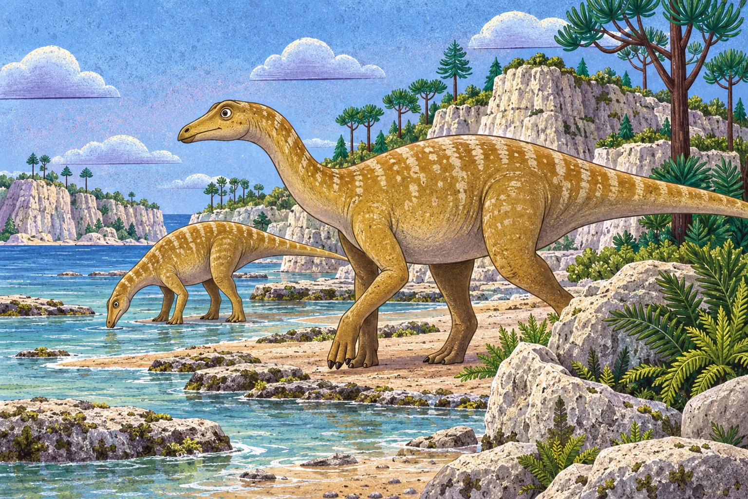 Burianosaurus u mělkého mořského pobřeží.
