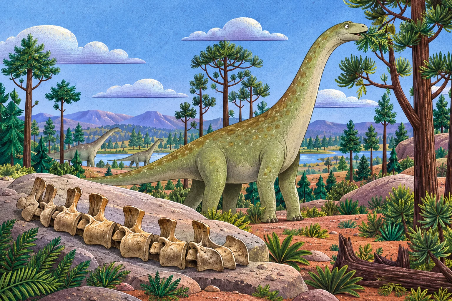 Dlouhokrký sauropod u stromů a řada krčních obratlů.