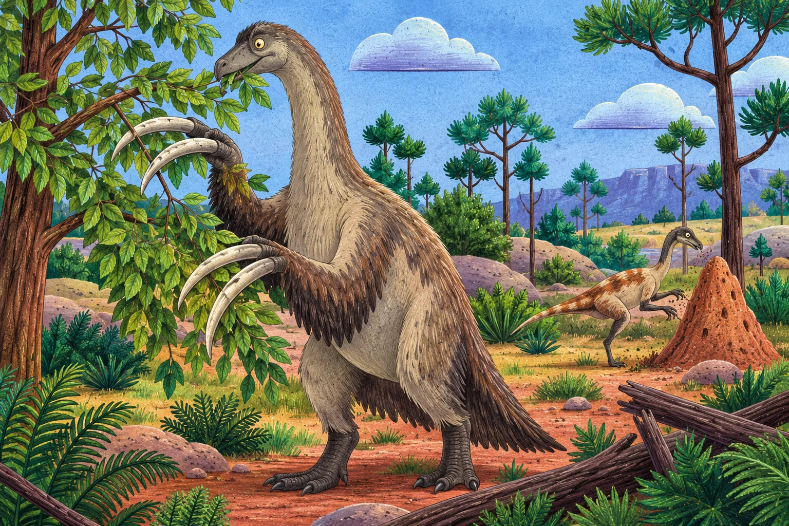 Therizinosaurus přitahuje větev dlouhými drápy.