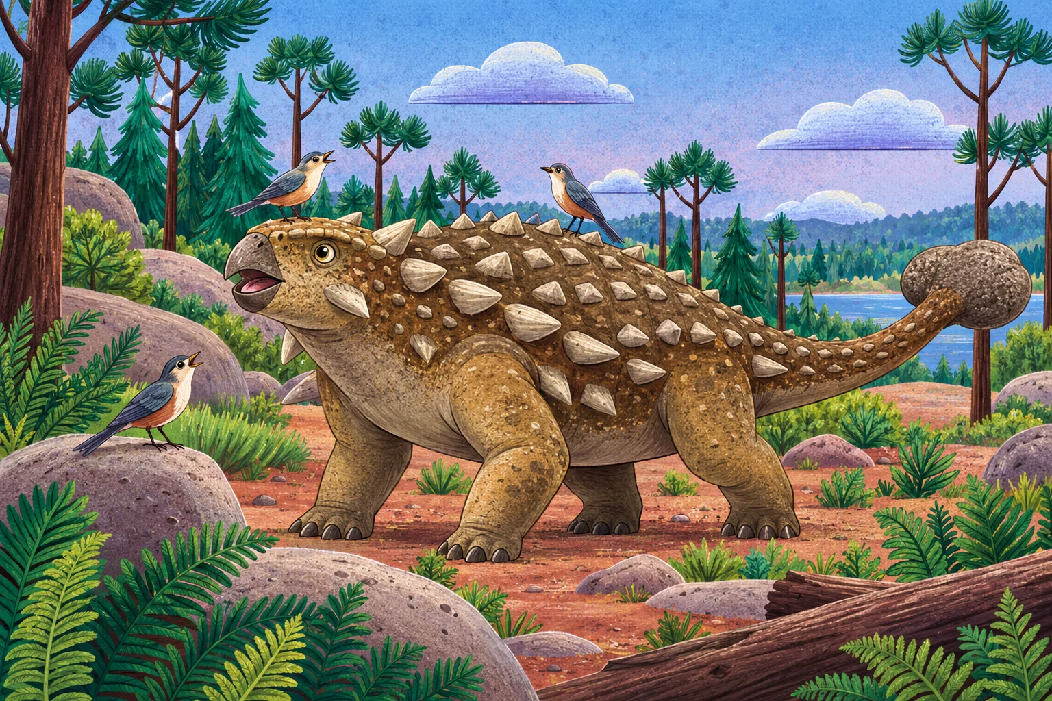 Obrněný ankylosaurus s drobnými ptáky.