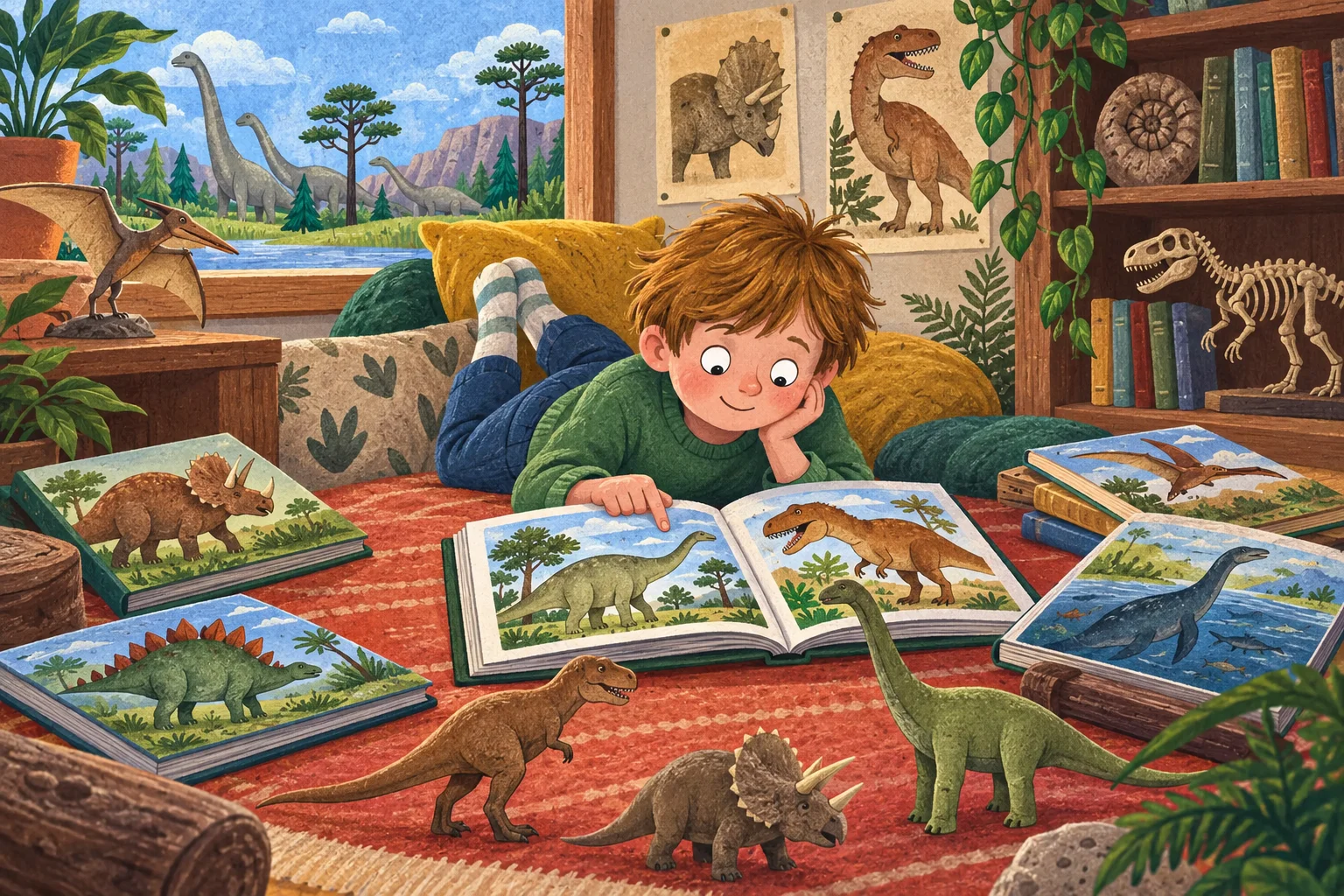 Dítě si prohlíží otevřenou knihu o dinosaurech.