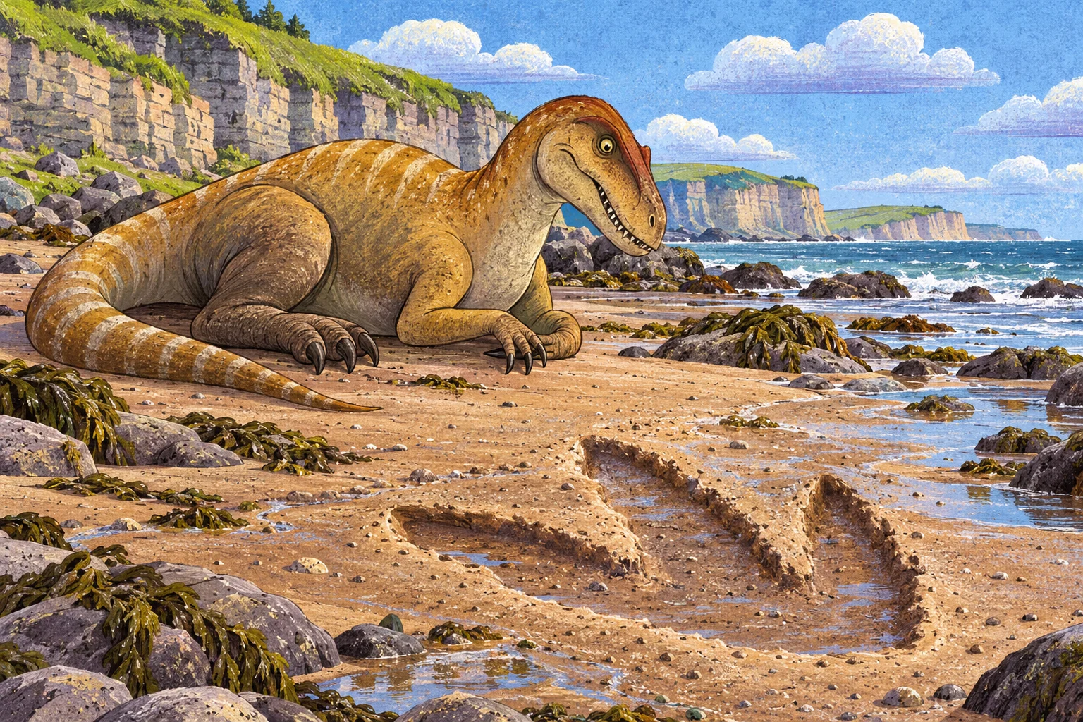 Odpočívající megalosaurus a velká tříprstá stopa na pláži.