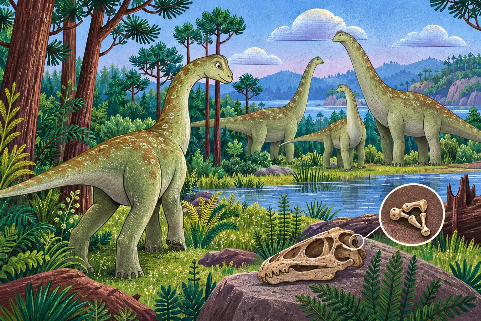 Mladý Europasaurus naslouchá stádu, v popředí leží lebka.