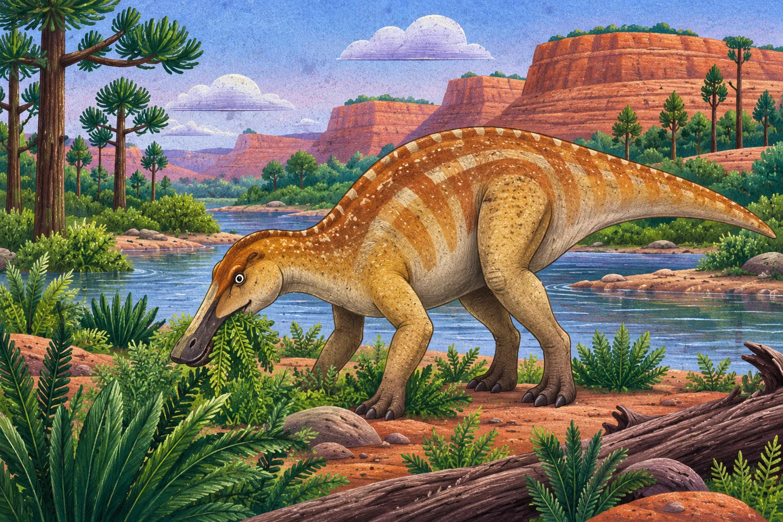 Kachnozobý dinosaurus Malefica se pase u řeky.