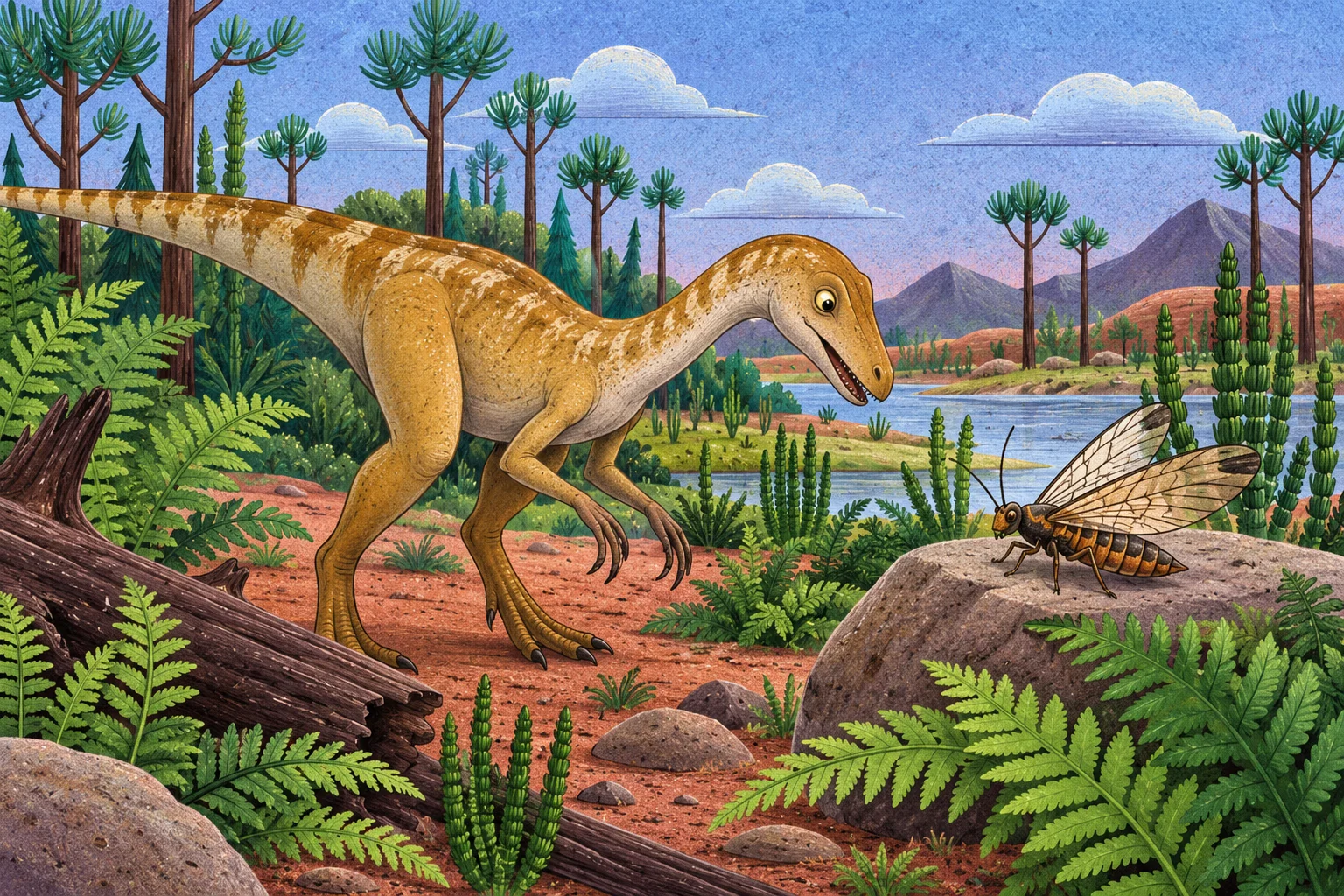 Raný dinosaurus pozoruje hmyz mezi kapradinami.