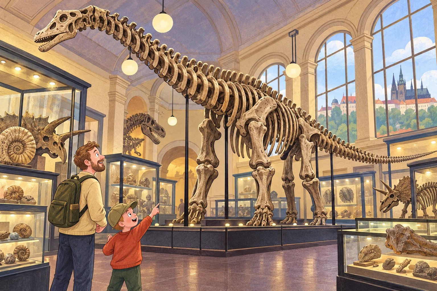 Dítě s rodičem si prohlíží dinosauří kostru v muzeu.