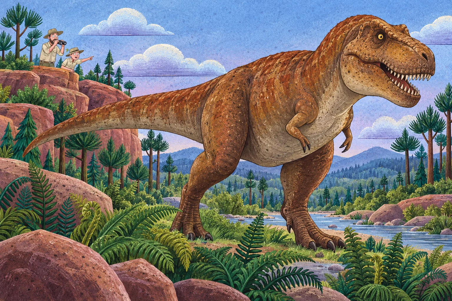 Mohutný tyrannosaurus v krajině s kapradinami.