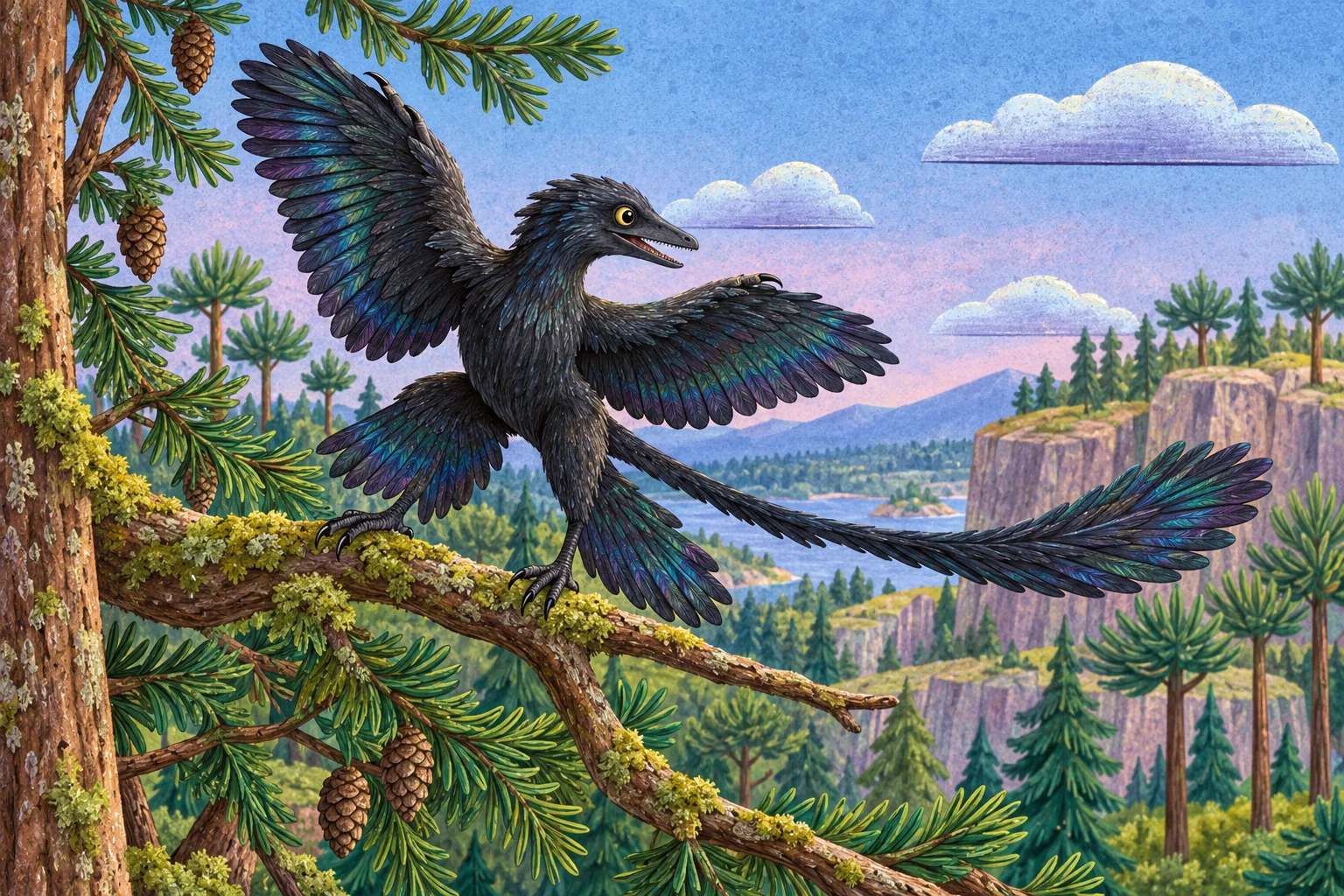 Microraptor s tmavým peřím a dlouhými pery na čtyřech končetinách.