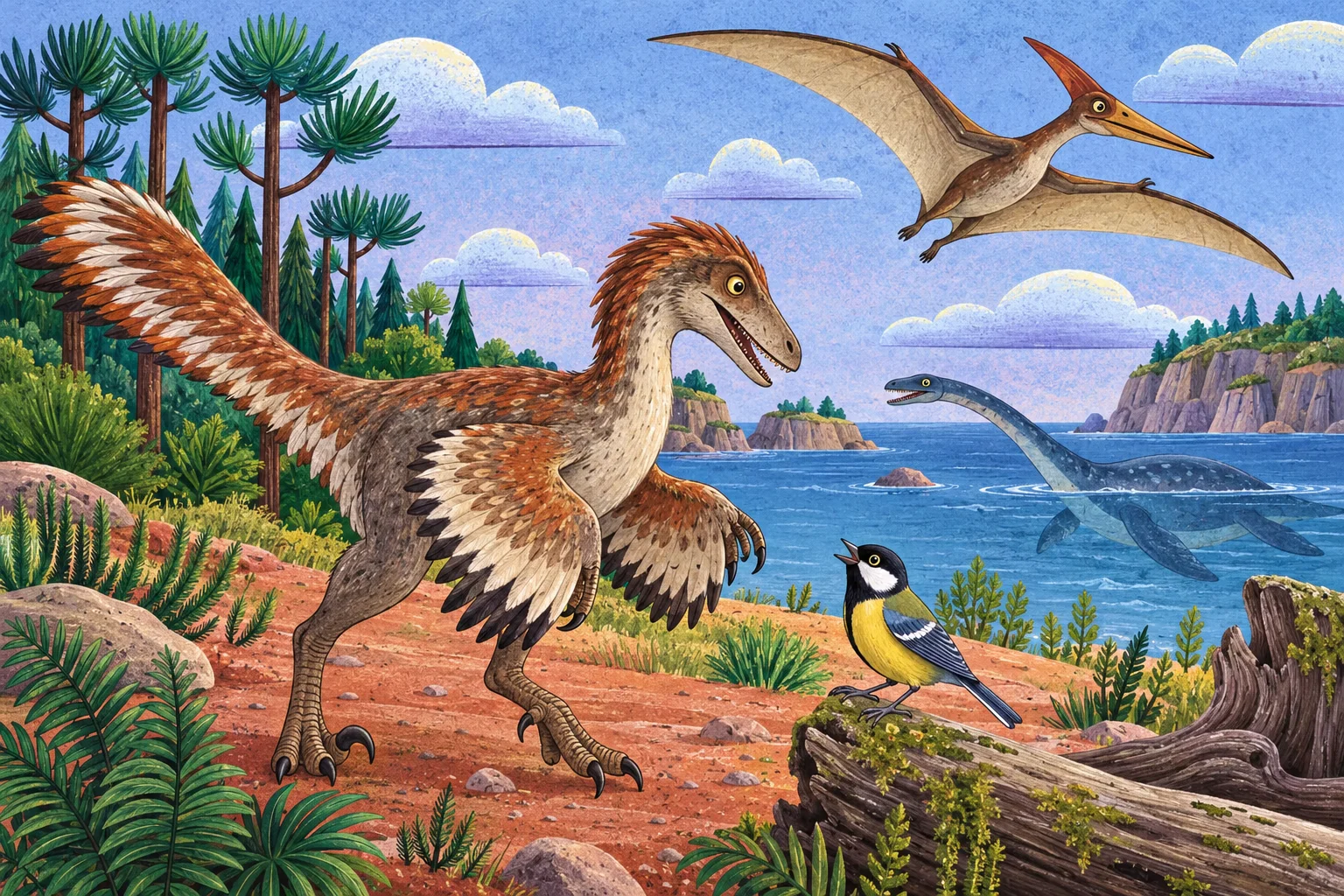 Opeřený dinosaurus, pták, ptakoještěr a mořský plaz.