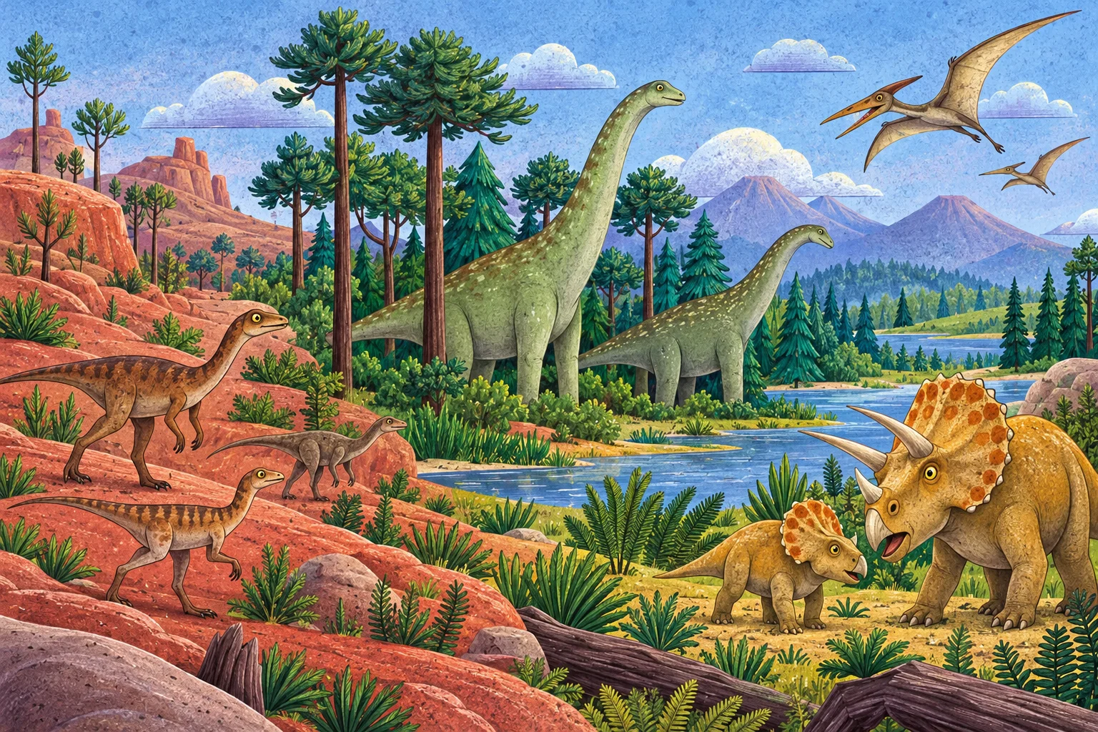 Přehled pravěké krajiny s různými skupinami dinosaurů.