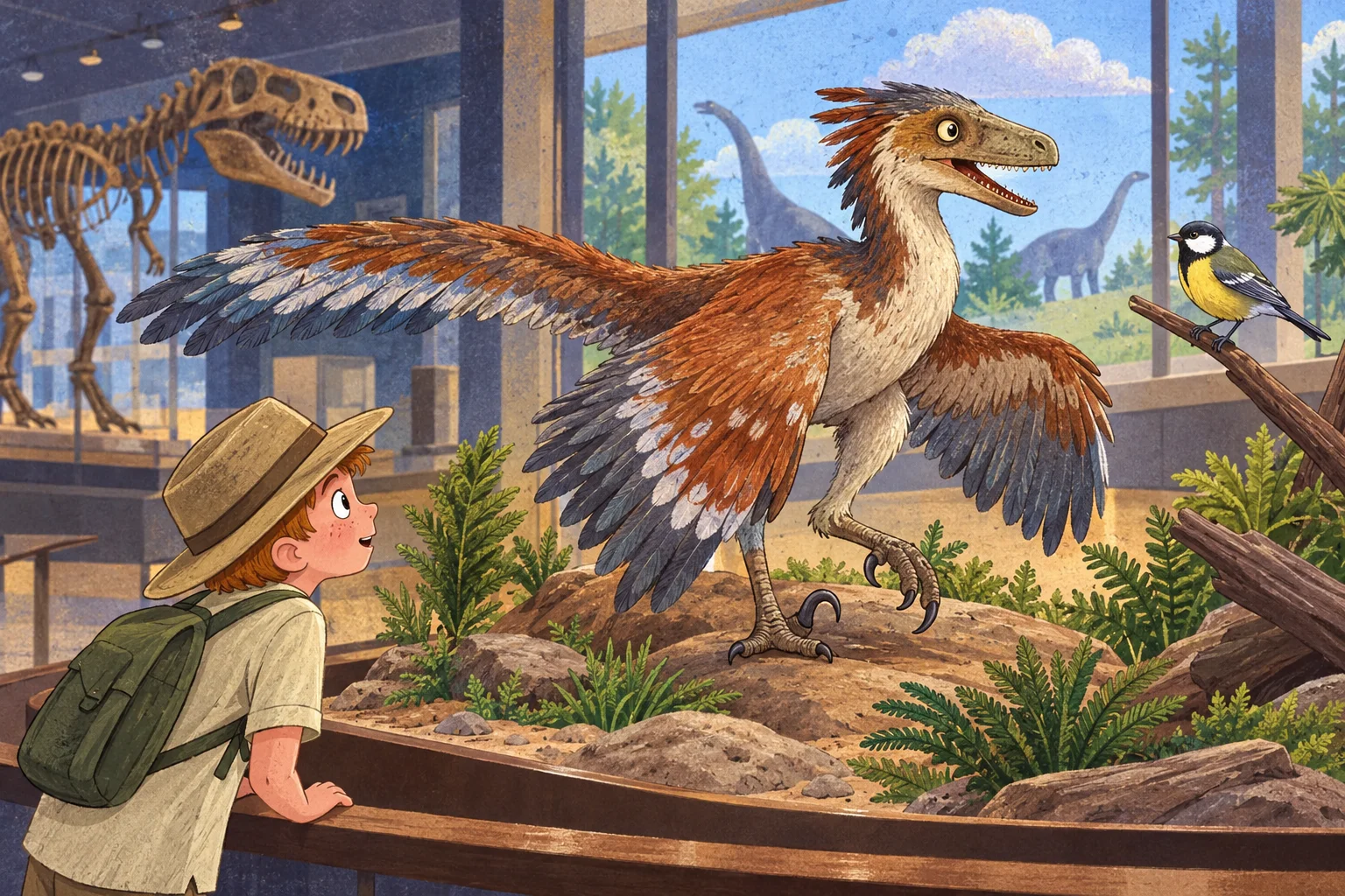 Dítě zkoumá muzejní model opeřeného dinosaura.