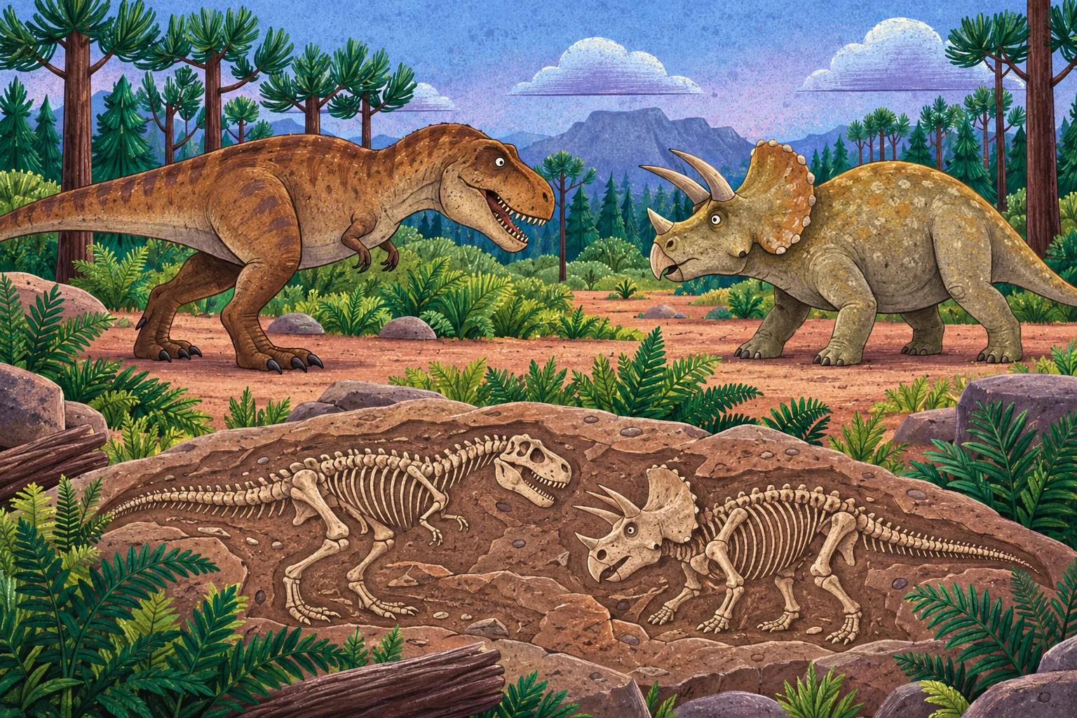 Tyrannosaurus a triceratops, před nimi deska se zkamenělinami.