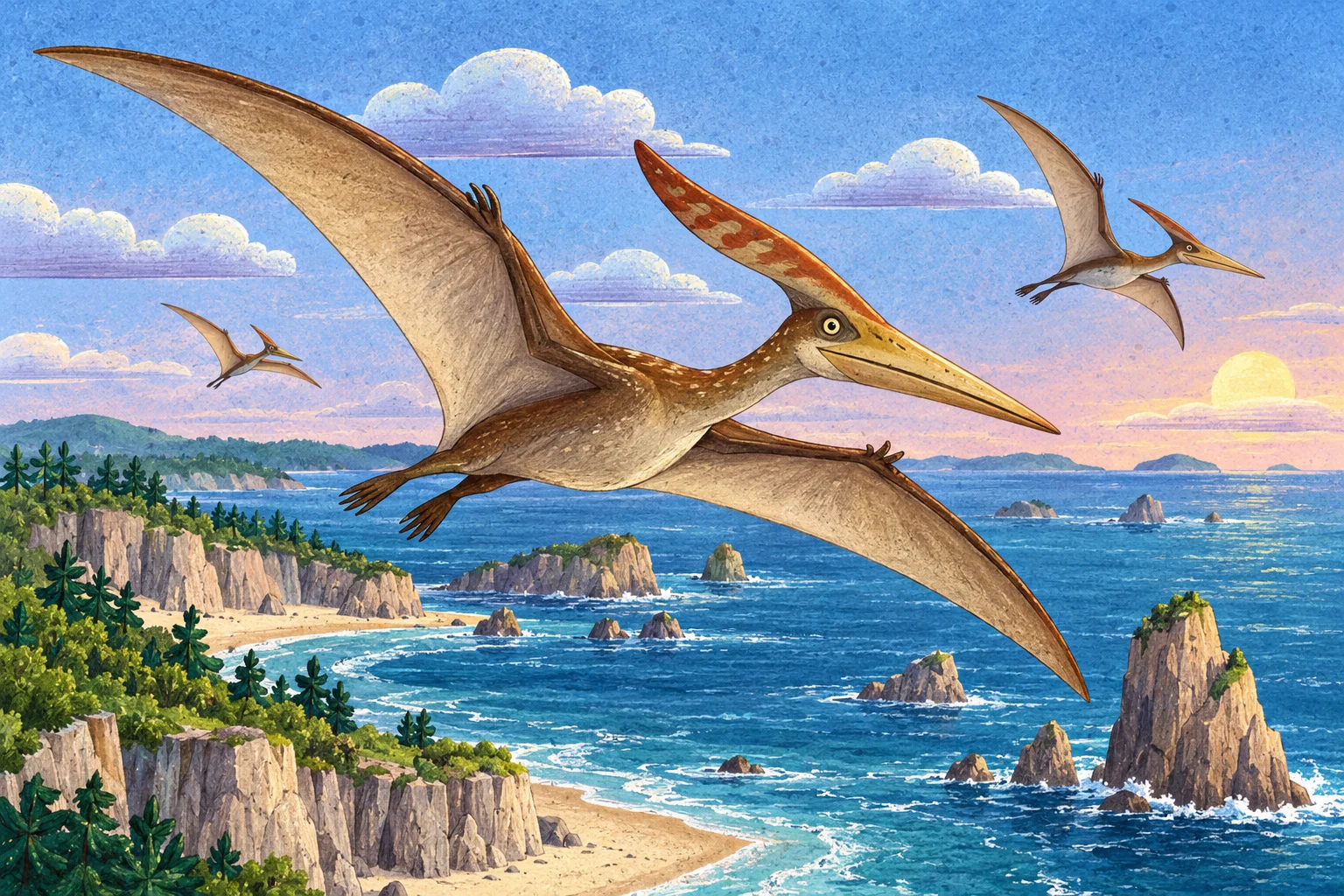 Pteranodon s dlouhým hřebenem na hlavě letí nad mořem.