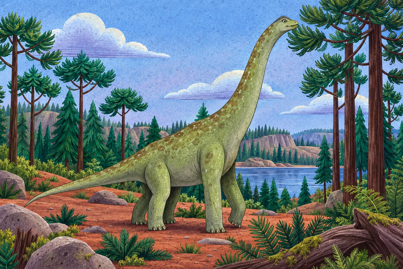 Brachiosaurus s vysoko neseným krkem mezi jehličnany.