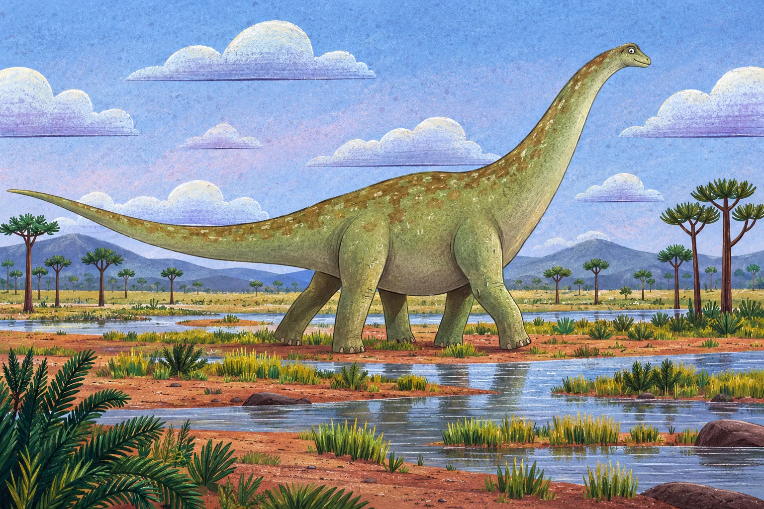 Obrovský dlouhokrký Argentinosaurus u řeky.