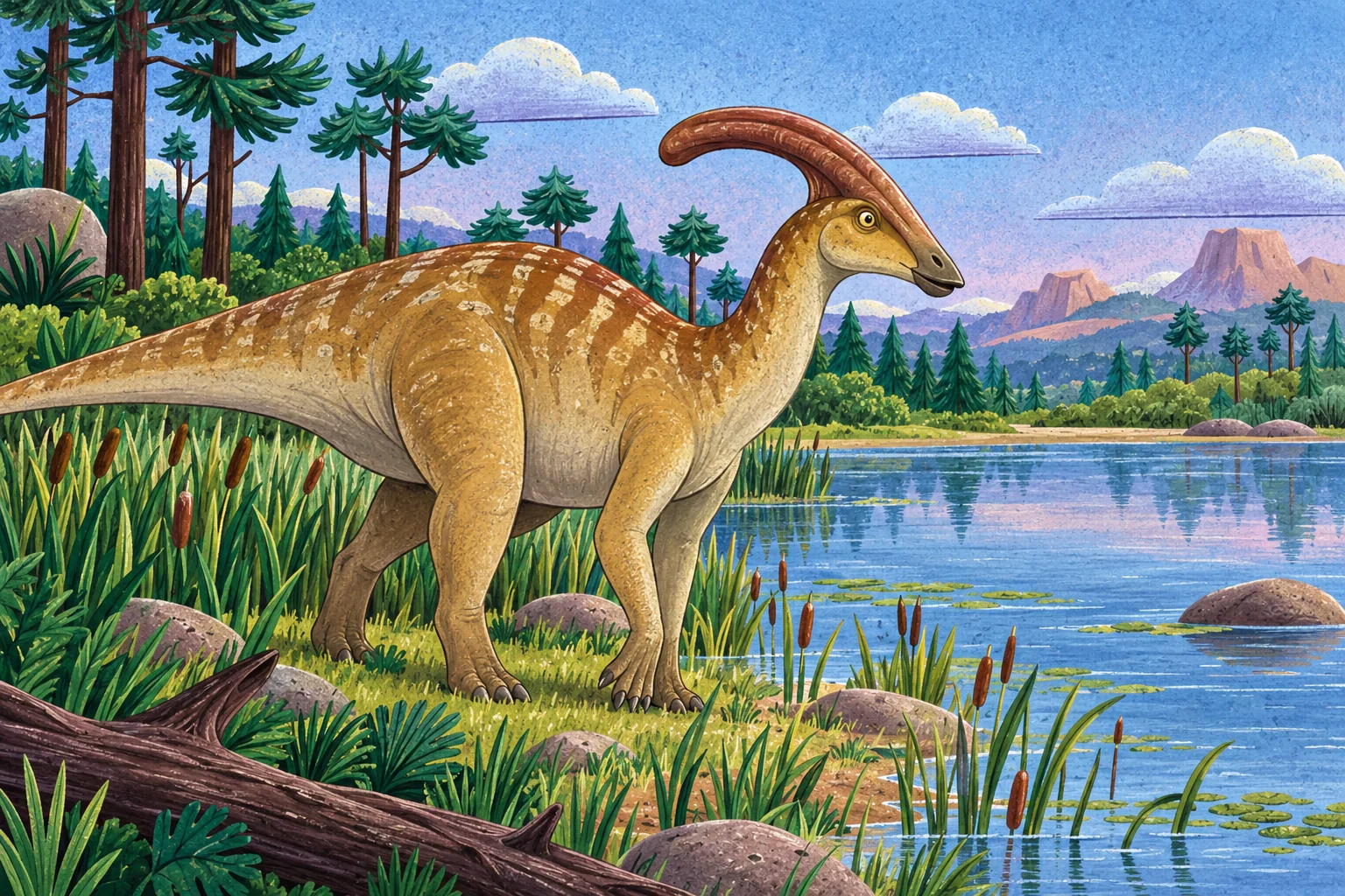 Parasaurolophus s dlouhým trubicovitým hřebenem u jezera.