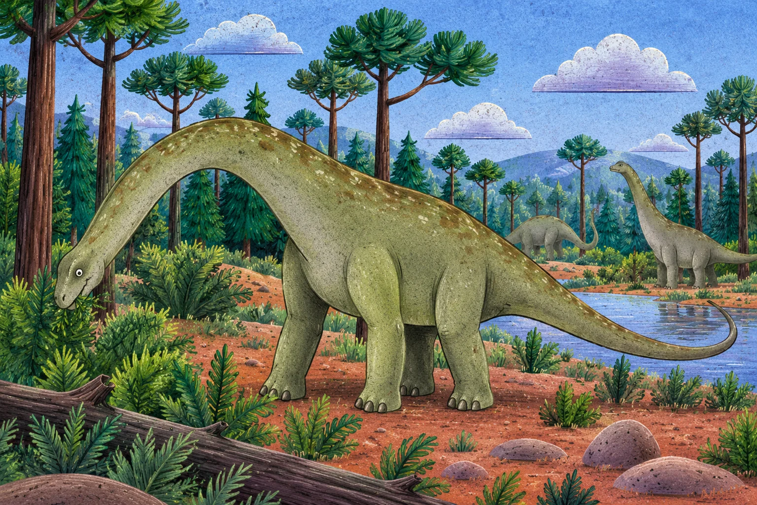 Mohutný Apatosaurus s dlouhým krkem a ocasem.