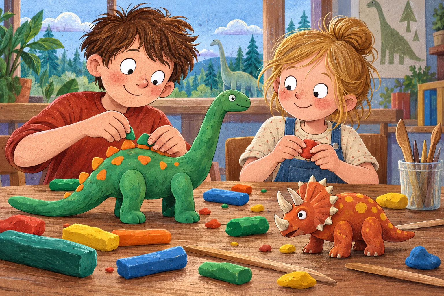 Děti vyrábějí barevné dinosaury z modelíny.