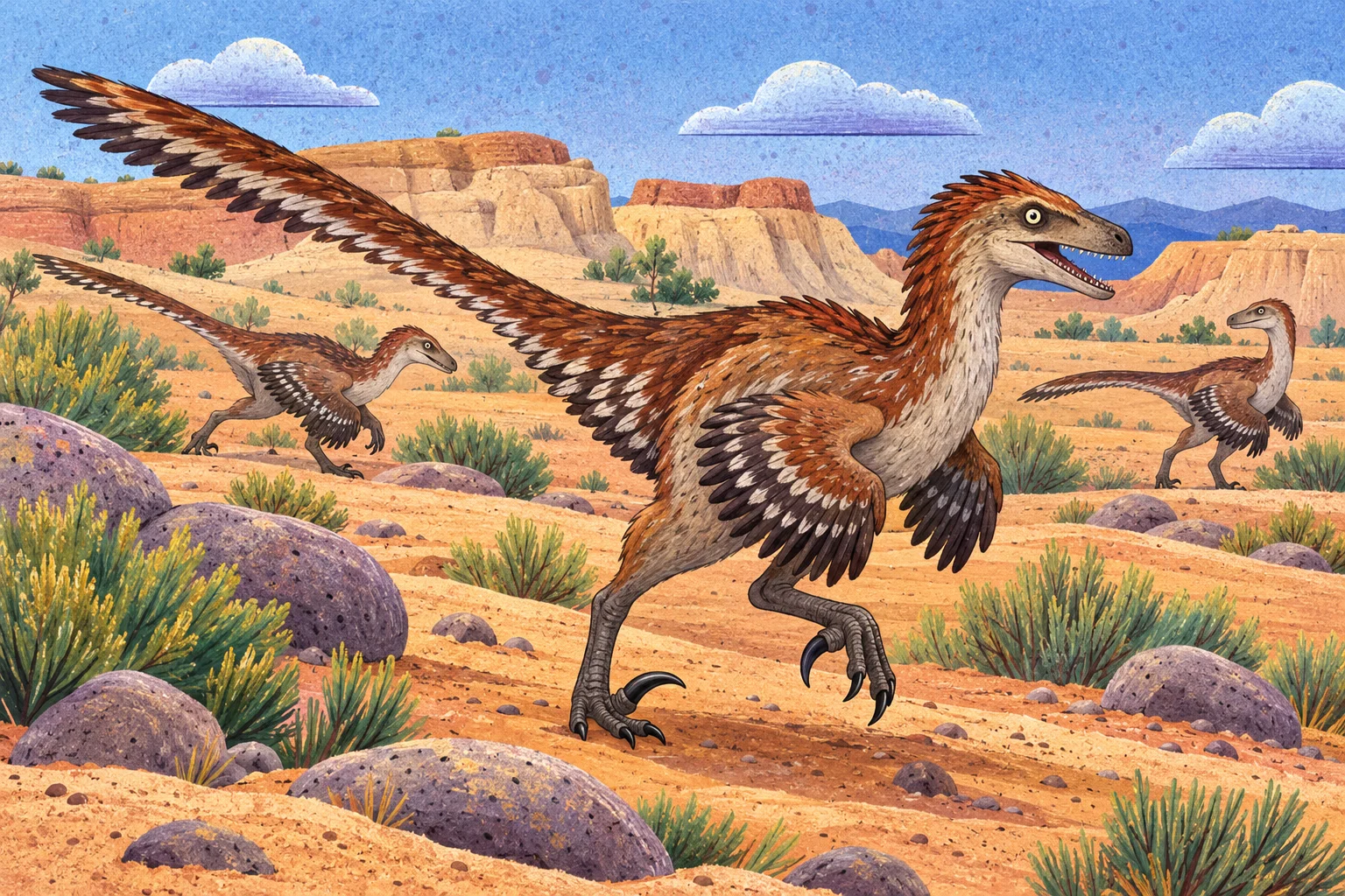 Opeřený Velociraptor s dlouhým ocasem a srpovitým drápem.