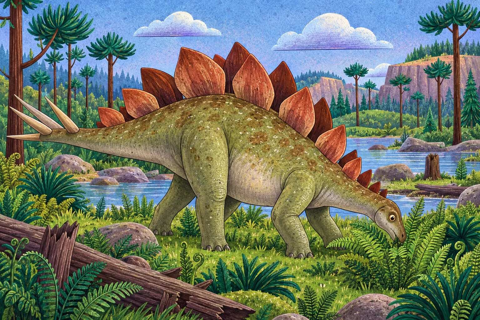 Stegosaurus se dvěma řadami hřbetních desek a ostny na ocase.