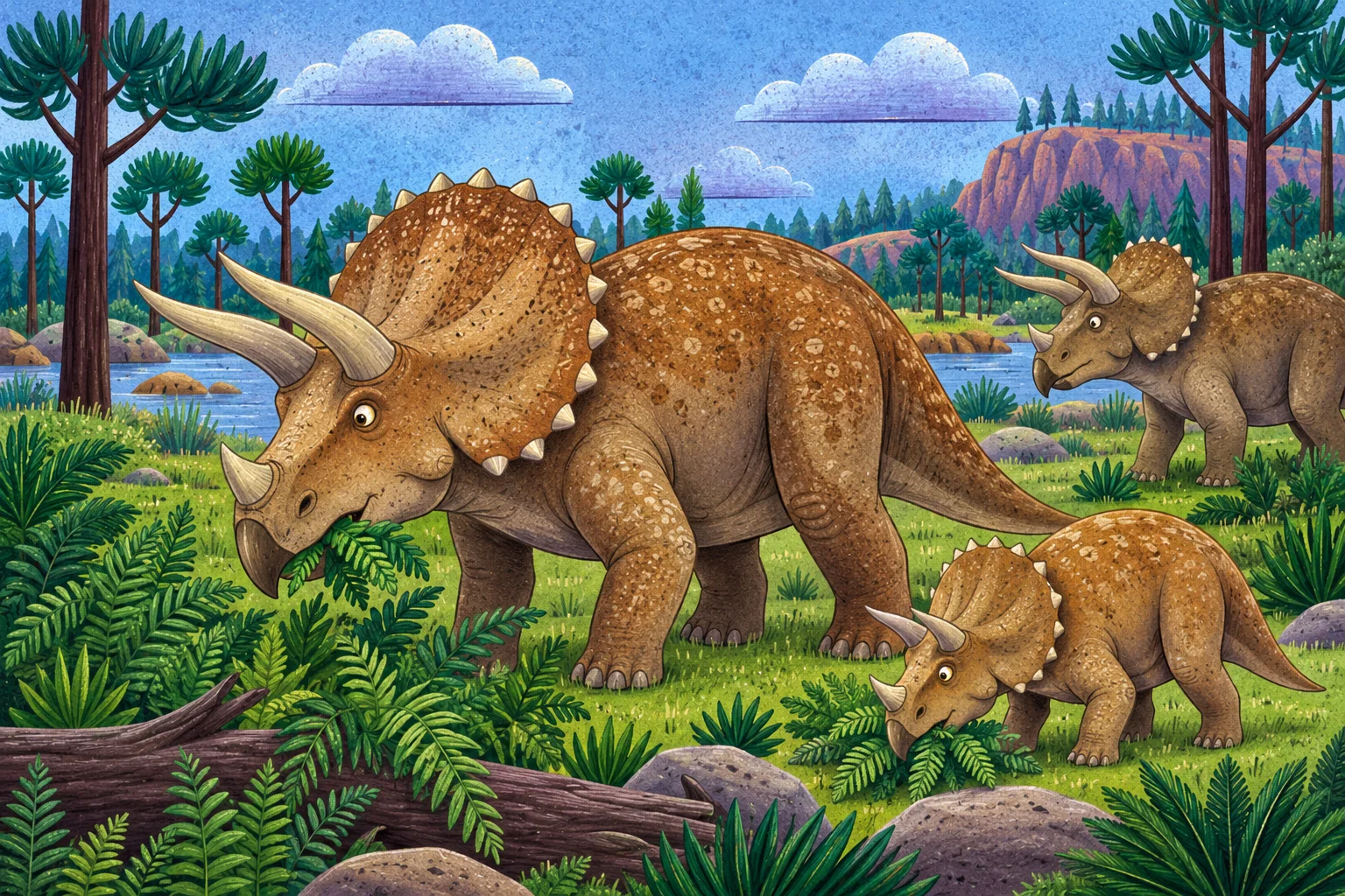 Triceratops se třemi rohy a širokým lemem za hlavou.