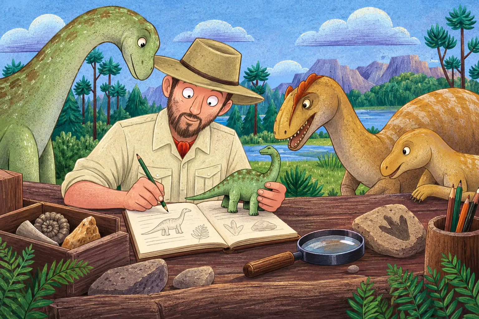Zápisník, dinosauří model a lupa na pracovním stole.