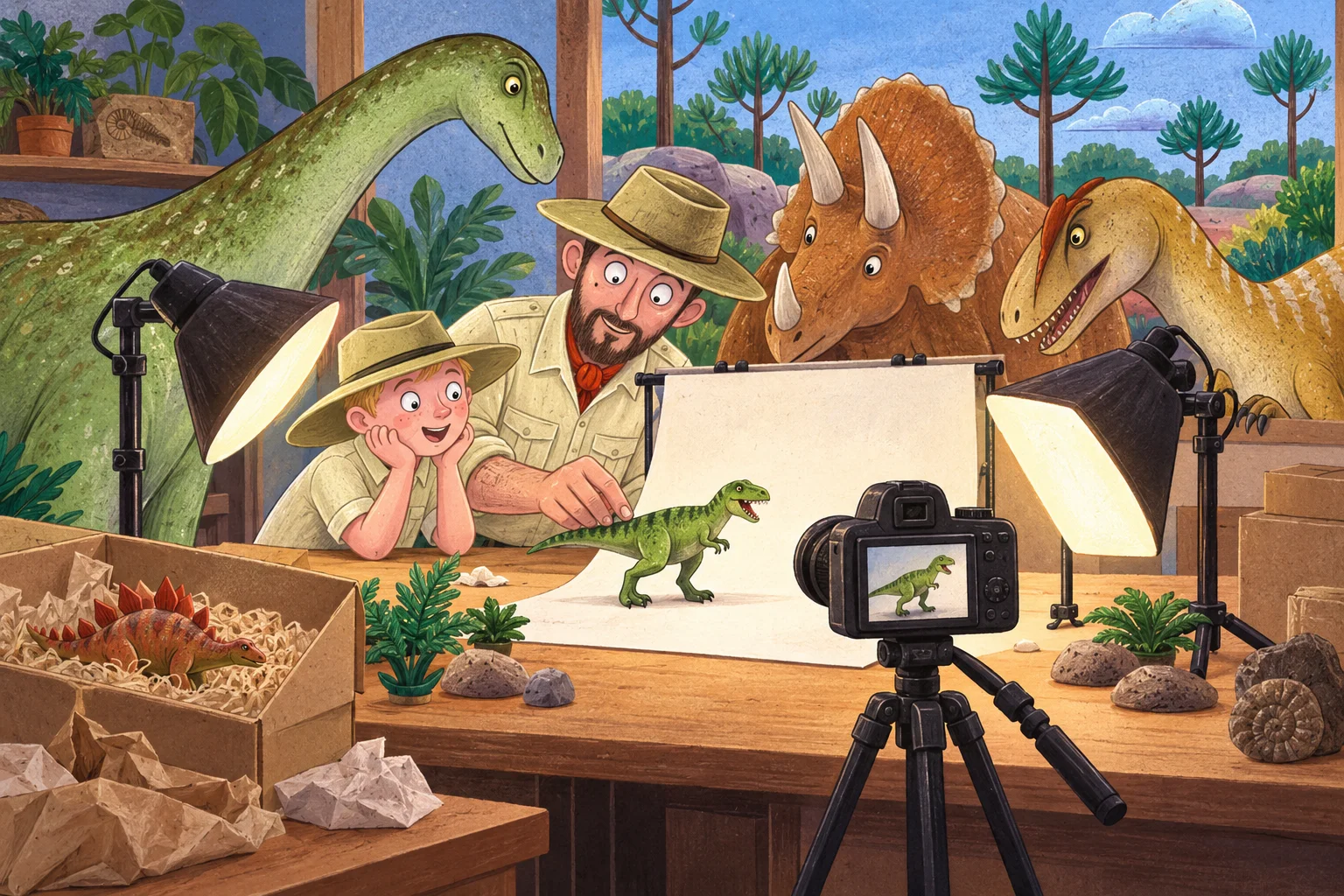 Fotoaparát na stativu míří na dinosauří model pod světly.