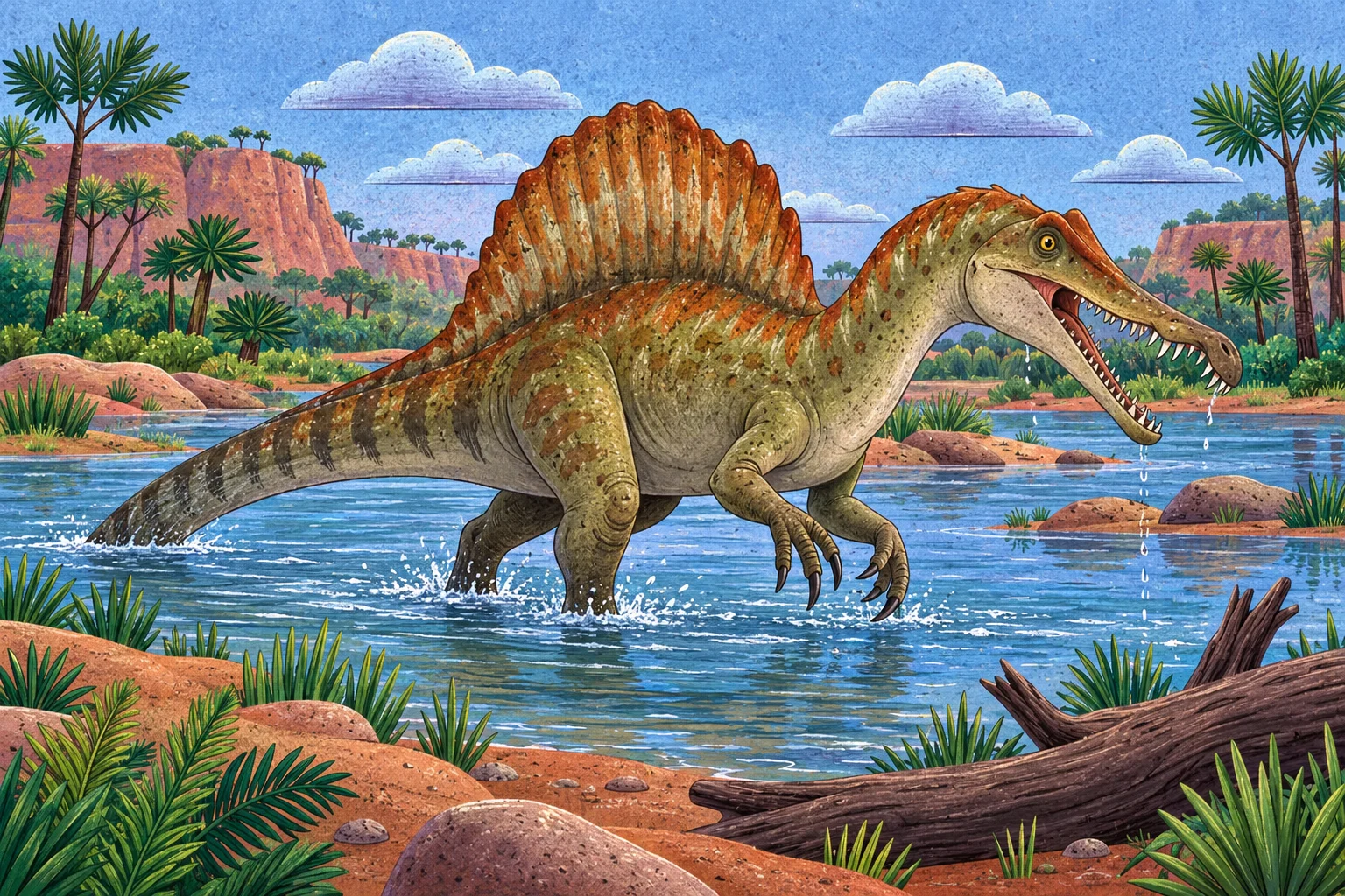 Spinosaurus s vysokou hřbetní plachtou u řeky.