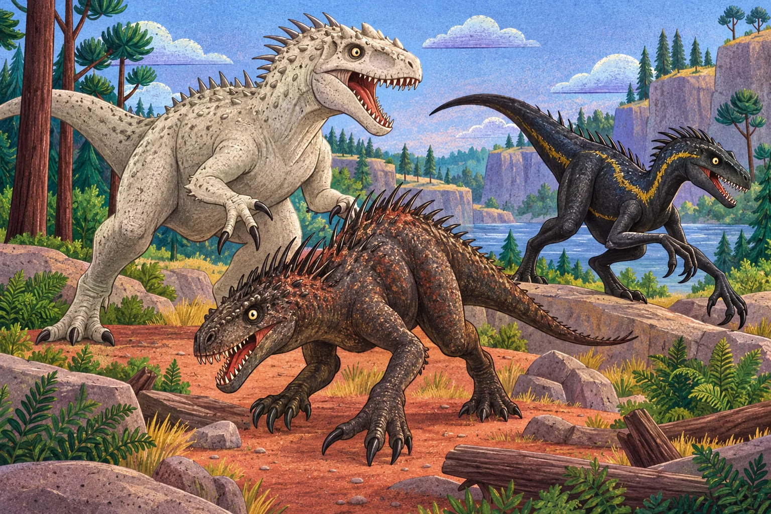 Tři smyšlení dinosauří hybridi z filmového světa.