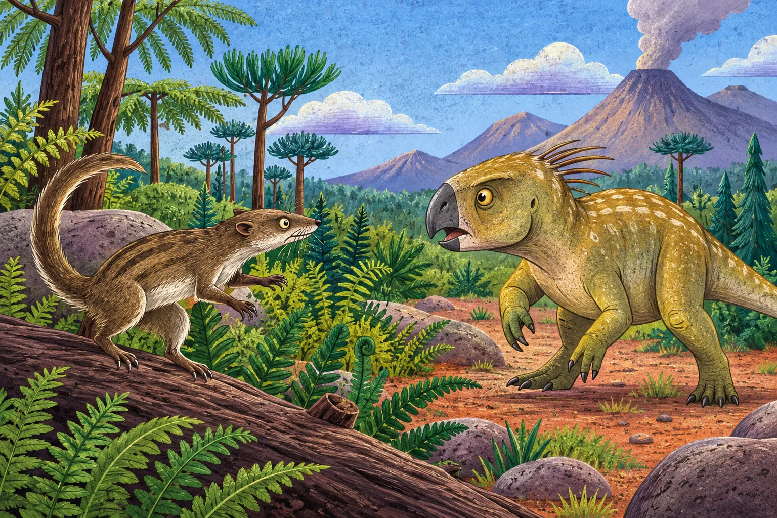 Pravěký savec Repenomamus a dinosaurus Psittacosaurus proti sobě.