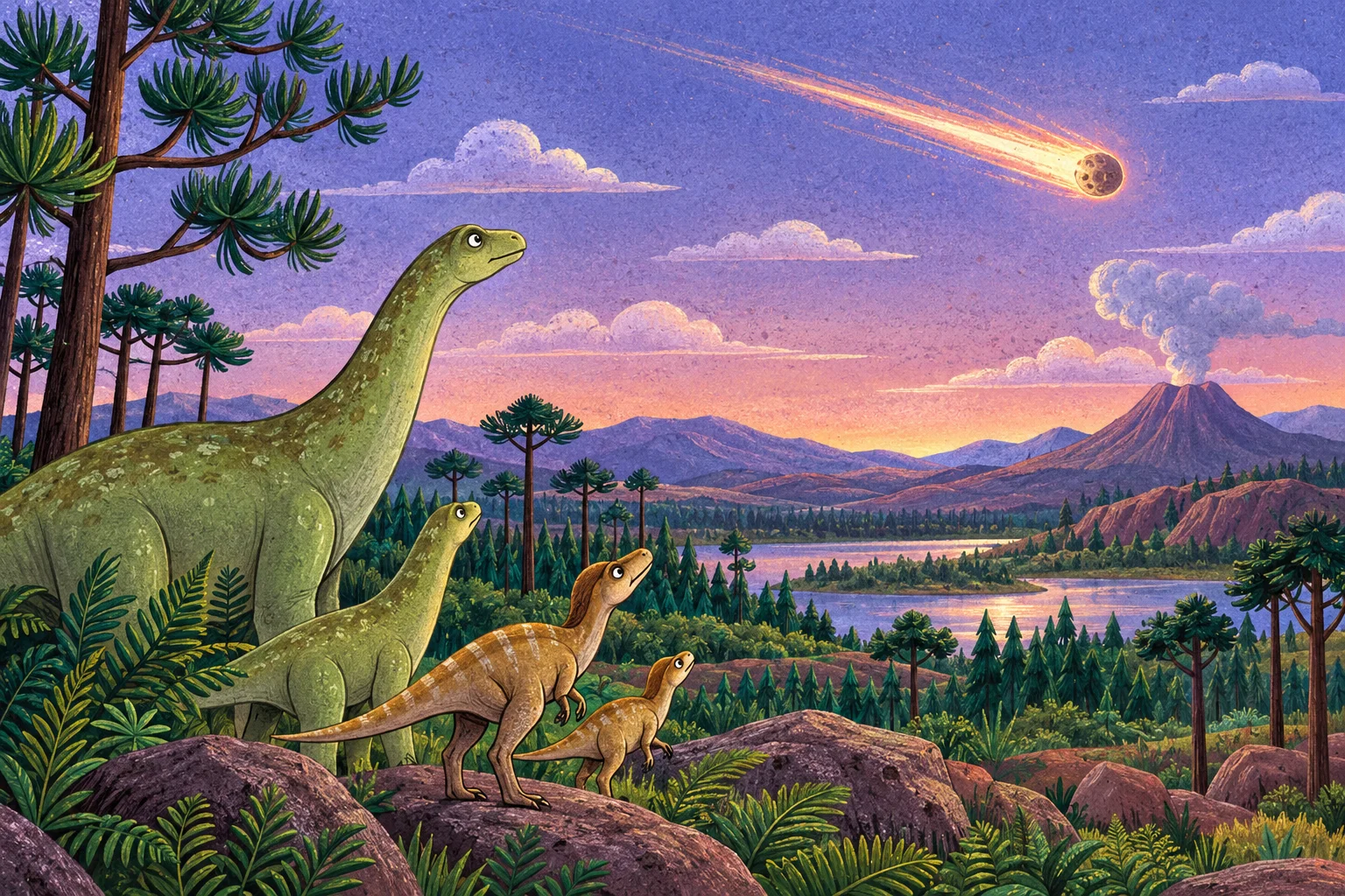 Dinosauři pozorují meteor nad krajinou se sopkou.