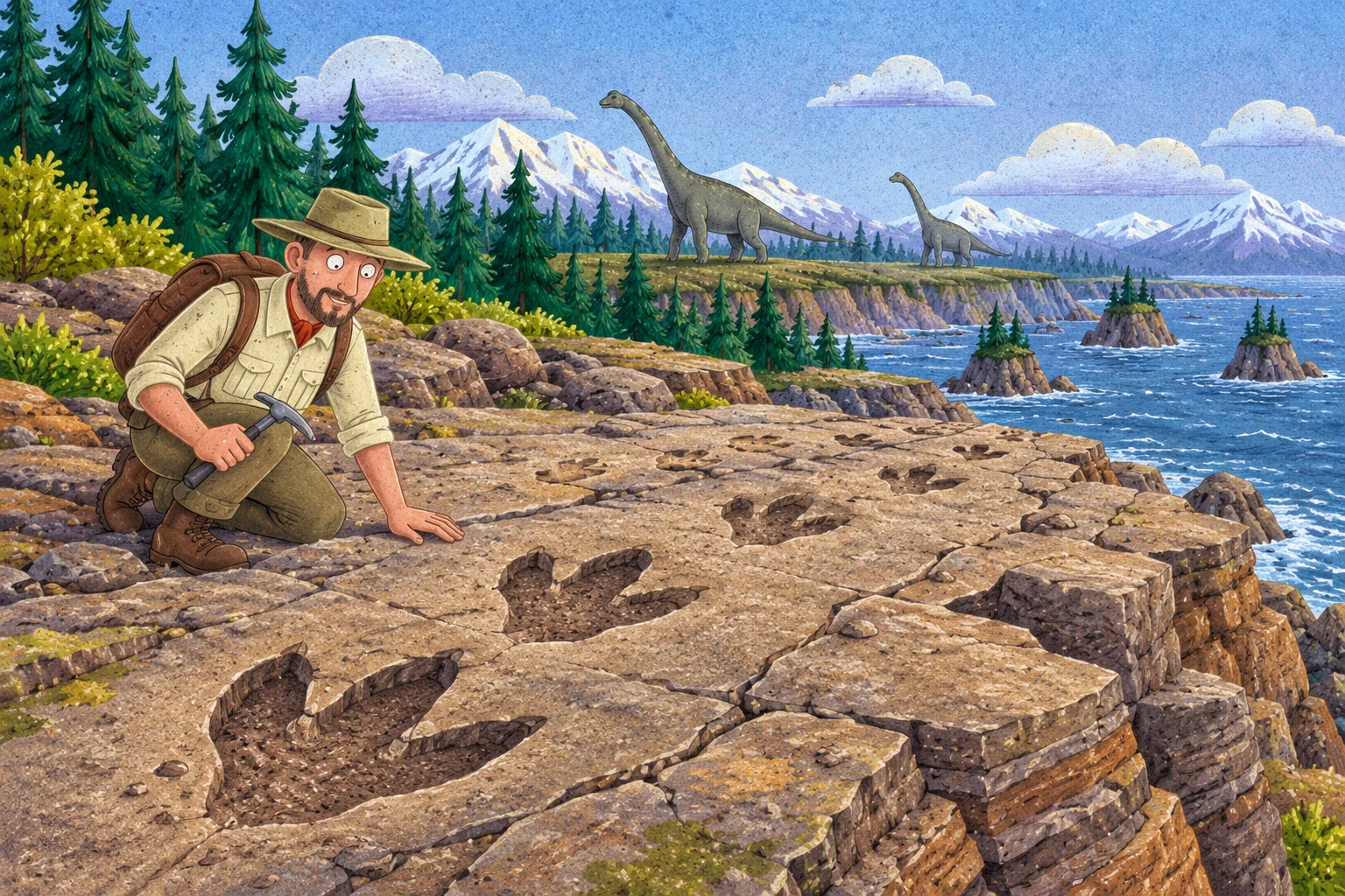Paleontolog zkoumá zkamenělé dinosauří stopy na pobřeží.