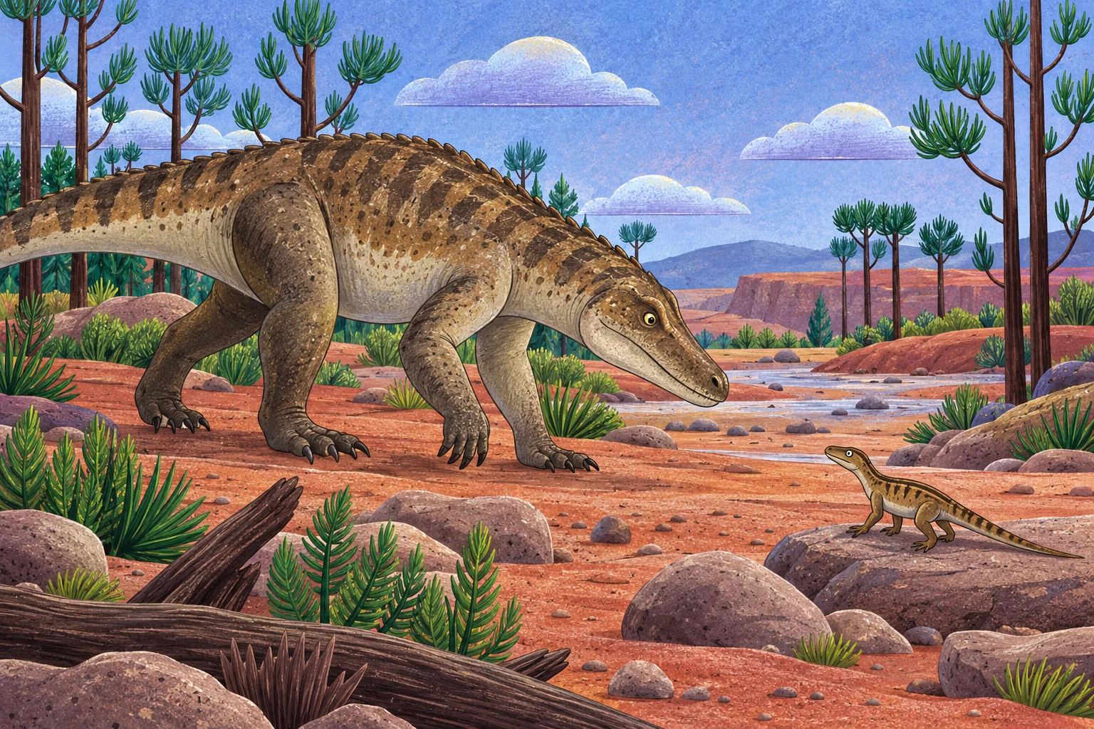Saurosuchus pozoruje menšího plaza u říčního koryta.