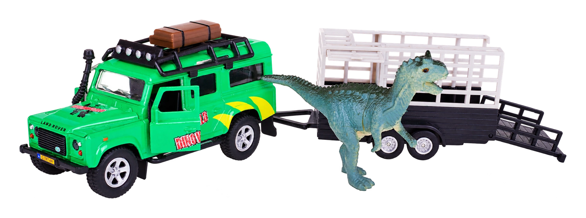 Kovové autíčko s dinosaurom na prívese – Land Rover Defender